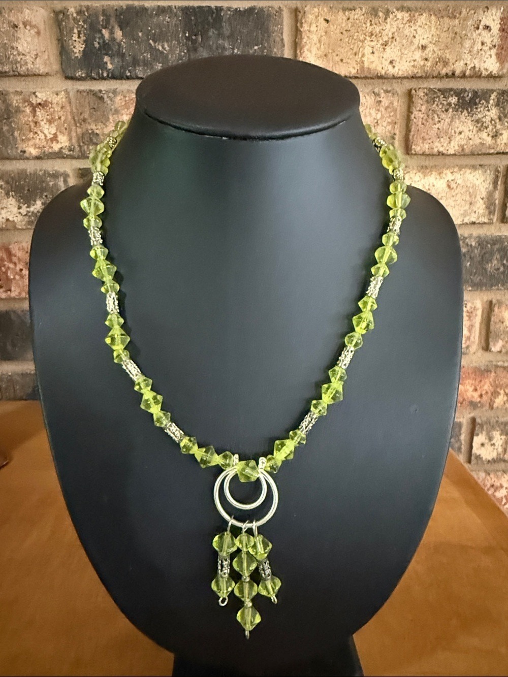 Vintage artisan green glass (glows) and silver tone beaded necklace